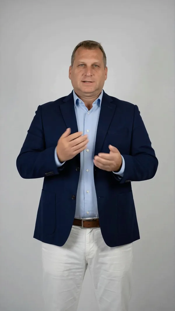 Presenter gesturing with both hands while talking.