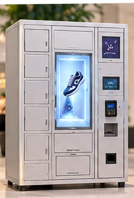 Locker cabinet with a grid of doors and a 3D display showing a sneaker.