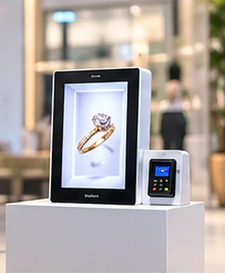 Countertop mini kiosk with a 3D display showing a ring, beside a small payment terminal.