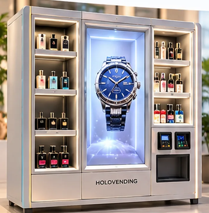 Premium Center cabinet with a central 3D display showing a watch, flanked by shelves of fragrances.