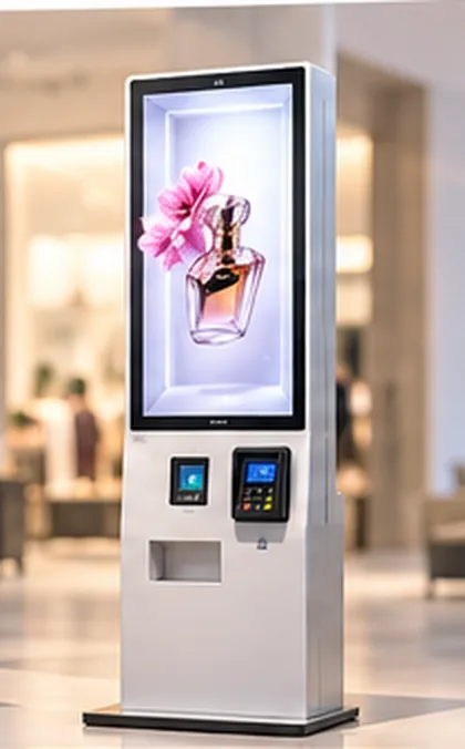 Slim floor-standing kiosk with a 3D display showing a perfume bottle.