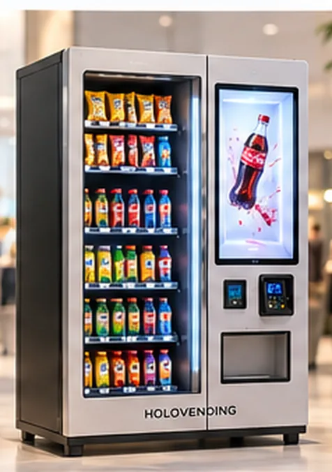 Snacks and drinks cabinet with a glass-front product grid and a 3D display.