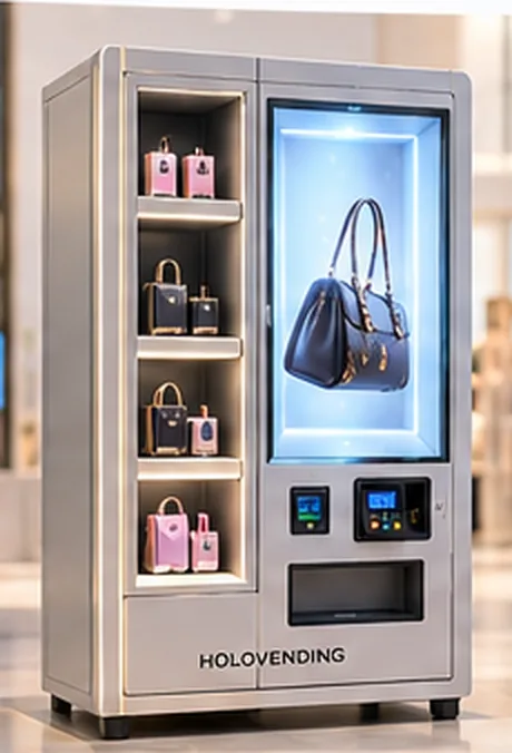Standard cabinet with a 3D display showing a handbag beside product shelves.