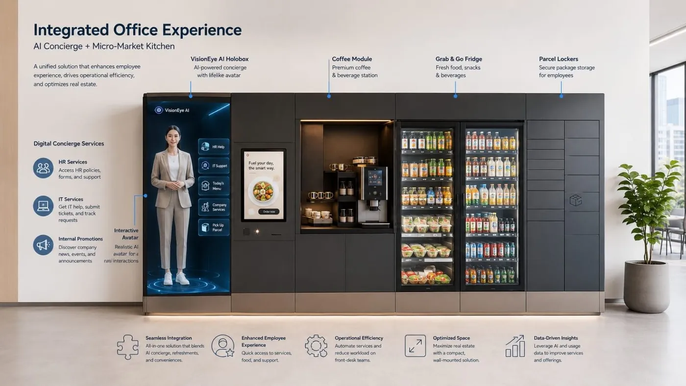 Office wall combining a Holobox AI concierge, a coffee module, a grab-and-go fridge and parcel lockers.