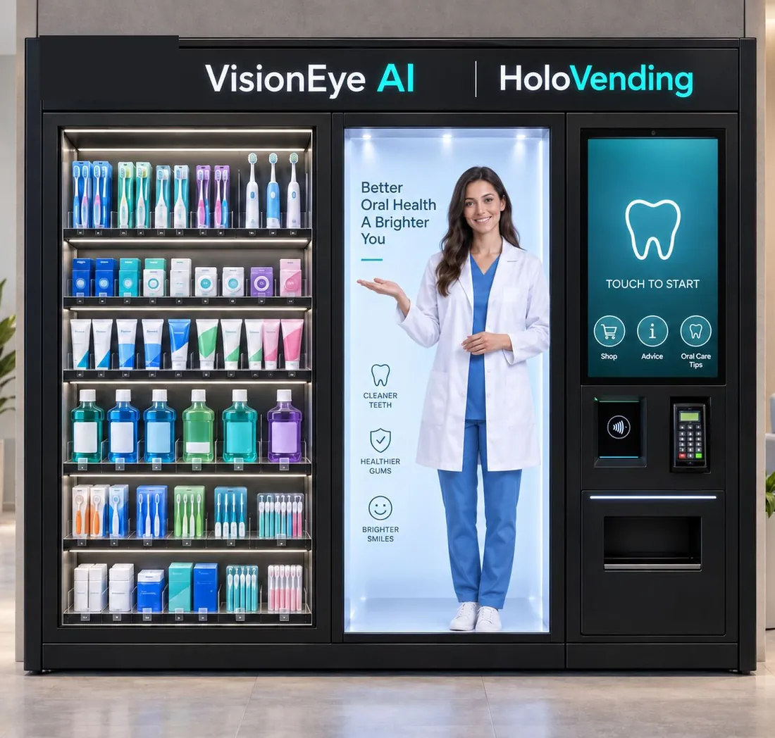 A black HoloVending cabinet with shelves of toothbrushes, toothpaste and mouthwash, a holographic pharmacist in a white coat, and a touchscreen with card and NFC payment.