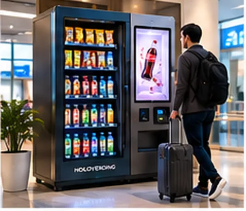 A traveller with a suitcase using a snacks and drinks cabinet with a 3D display in a terminal.