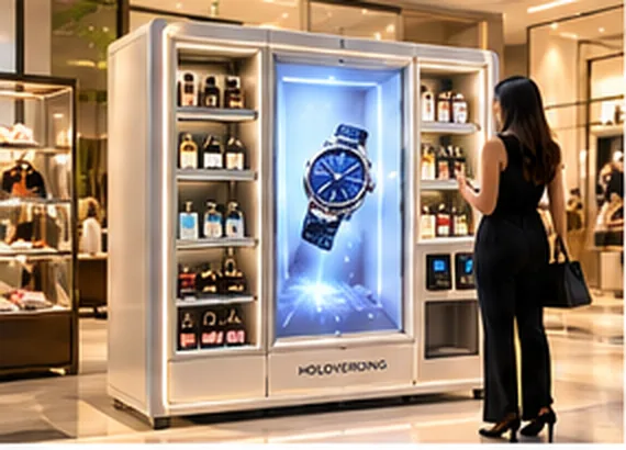 A shopper at a premium cabinet showing a watch in 3D inside a boutique.