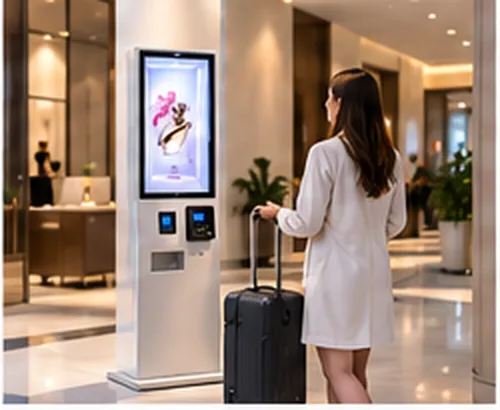 A guest with luggage passing a slim kiosk with a 3D display in a hotel lobby.