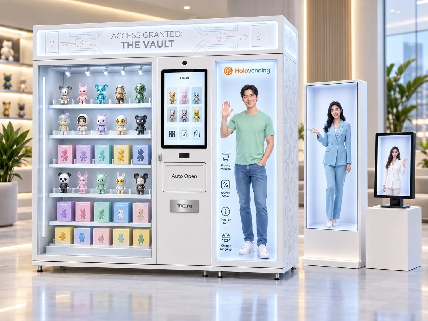 A white HoloVending cabinet with lit shelves of collectible figures, a central touchscreen and pickup door, and a holographic panel showing a waving avatar with menu buttons. Two standalone holographic displays stand beside it.