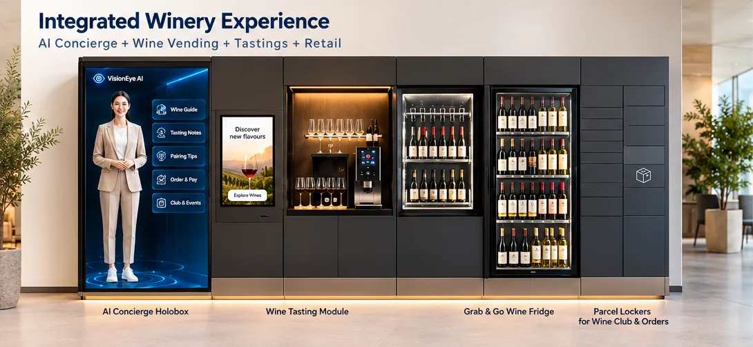 Integrated winery wall with a holographic concierge, a tasting module, a wine fridge and parcel lockers.